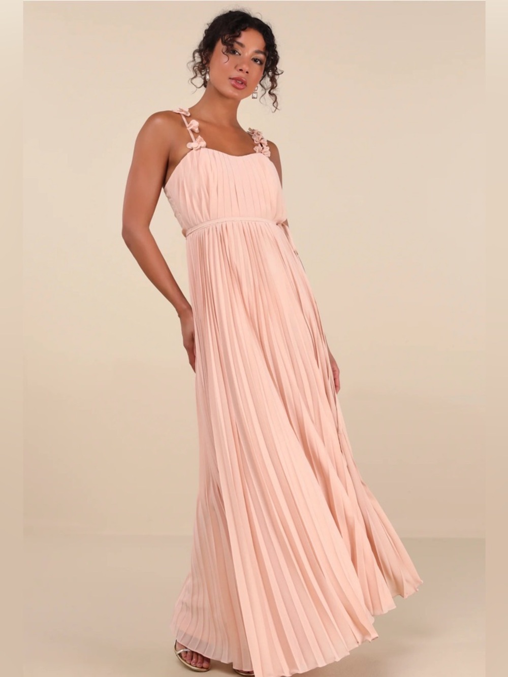 NWT Lulus Blush Pleated Maxi Dress with 3D Flower Straps Maxi Dress Large